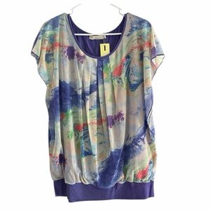 BAISHENGGT Women's Printed Flouncing Flared Short Sleeve Mesh Blouse - Size XL